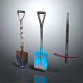 Set of Three Hardware Tools Including Blue Shovel Rustic Shovel and Red Hoe