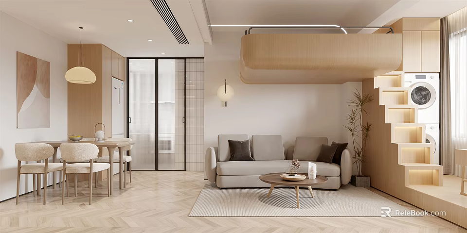 Modern Minimalist Living Dining Room With Neutral Tones Sofa Coffee Table And Dining Chairs 3d model 