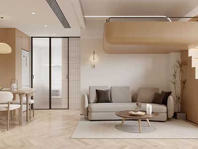 Modern Minimalist Living Dining Room With Neutral Tones Sofa Coffee Table And Dining Chairs 3d model