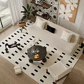 Modern Sofa And Coffee Table Set With Pillows And Plants On Black White Geometric Rug