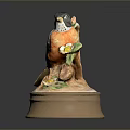 Ceramic Bird Figurine Featuring Black Head Orange Chest Green Leaves White Flowers And Brown Base
