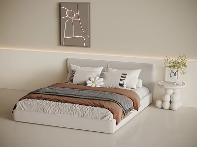 Modern Minimalist Double Bed Gray Headboard Decorative Pillows Side Table Plant Abstract Wall Art 3d model