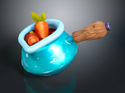 Commercial Cooking Pot With Blue Body Wooden Handle And Fresh Carrots 3d model