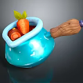 Commercial Cooking Pot With Blue Body Wooden Handle And Fresh Carrots