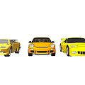 Three Stylish Yellow Sports Cars Parked Side By Side On White Background