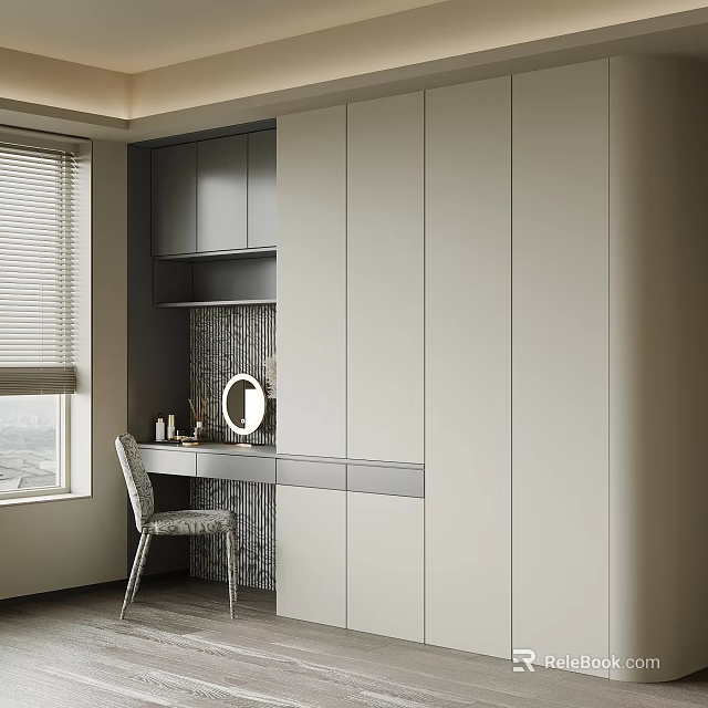 Modern Built in Wardrobe with Neutral Tone Dressing Table Mirror and Chair by Window 3d model