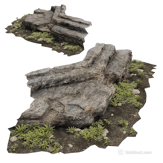 Natural Stone and Wood Structure with Rocks and Green Plants in Outdoor Setting 3d model 