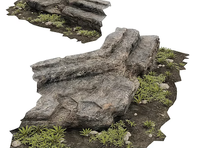 Natural Stone and Wood Structure with Rocks and Green Plants in Outdoor Setting 3d model