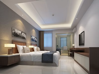 Modern Hotel Room Interior With Comfortable Bed Wooden Bedside Tables Table Lamps And TV Cabinet 3d model