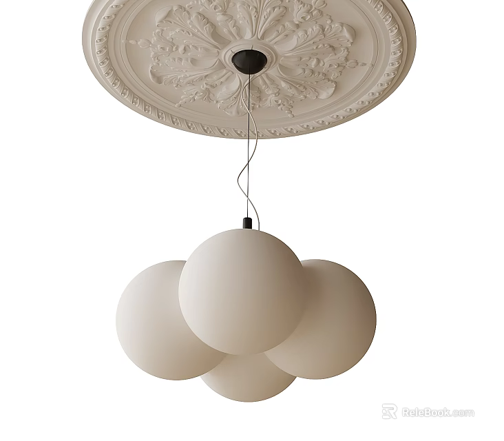 Modern White Sphere Chandelier With Multiple Balls And Decorative Ceiling Medallion 3d model