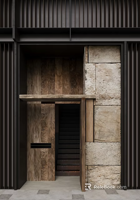 Modern Storefront Entrance With Stone Wall Wooden Door And Dark Vertical Accents 3d model 