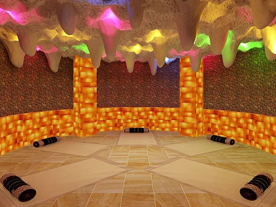 SPA Sauna Interior With Colorful Lighting Stalactite Shaped Ceiling Salt Brick Walls And Tiled Floor 3d model