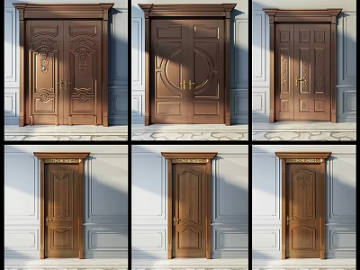 Wooden Double Doors With Intricate Carvings And Panel Designs For Home Entrance 3d model