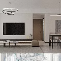 Modern Minimalist Open Dining And Living Room With Stylish Lighting Art Decor And Comfortable Furniture