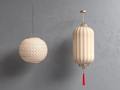 Two Decorative Lanterns with Woven Texture Pleated Design and Red Tassel on Gray Wall Background 3d model