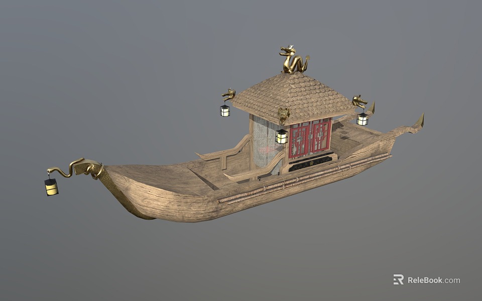 Traditional Wooden Boat With Pavilion Style Roof And Hanging Lanterns Red Accents 3d model 