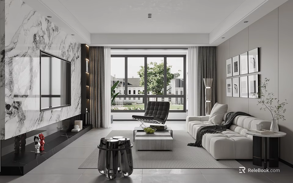 Modern Living and Dining Room Interior With Large Windows Marble Wall Sofa And Decorative Paintings 3d model 