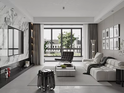 Modern Living and Dining Room Interior With Large Windows Marble Wall Sofa And Decorative Paintings 3d model