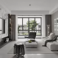 Modern Living and Dining Room Interior With Large Windows Marble Wall Sofa And Decorative Paintings