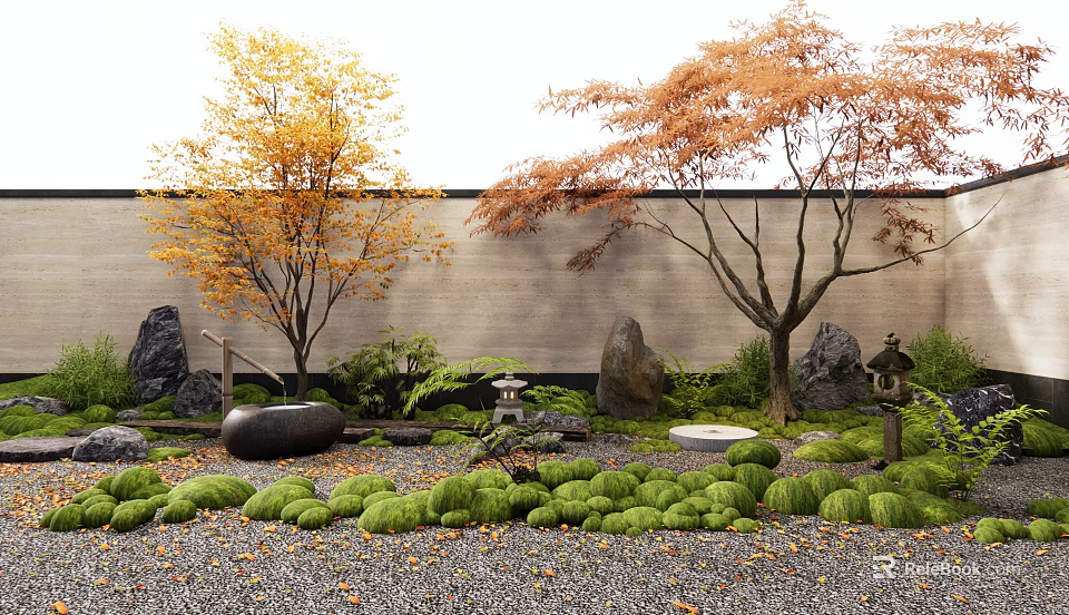 Traditional Karesansui Garden With Moss Stones Gravel Autumn Trees And Lanterns 3d model 
