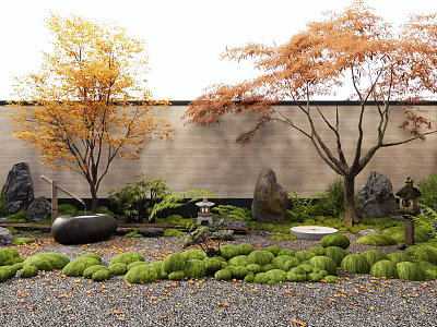 Traditional Karesansui Garden With Moss Stones Gravel Autumn Trees And Lanterns 3d model