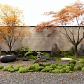 Traditional Karesansui Garden With Moss Stones Gravel Autumn Trees And Lanterns