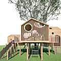 Outdoor Wooden Play Equipment With Climbing Wall Slide Circular Windows And Rope Net Under Tree