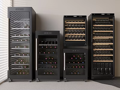 Modern Black Wine Coolers With Glass Doors And Multiple Bottle Storage Racks 3d model
