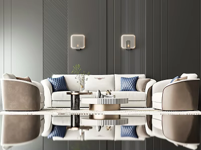 Modern Living Room Sofa And Coffee Table With Blue Cushions Vase Gray Wall And Lamps 3d model