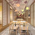 Japanese Restaurant Interior With Cherry Blossom Decorations Lanterns Wooden Partitions Geisha Murals And Dining Seats