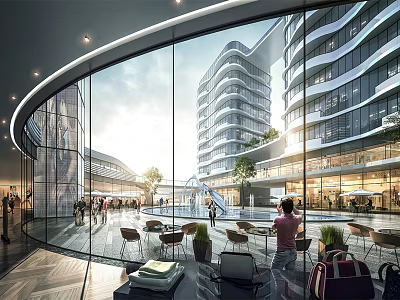 Modern Commercial Street With Glass Buildings Pedestrians Outdoor Seating And Urban Vibes 3d model