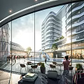 Modern Commercial Street With Glass Buildings Pedestrians Outdoor Seating And Urban Vibes