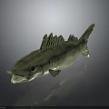 Detailed Green Fish 3D Model with Open Mouth and Fins on Dark Reflective Surface