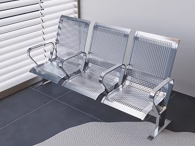 Silver Metal Public Chairs With Perforated Backrest Seats And Armrests By Window Blinds 3d model
