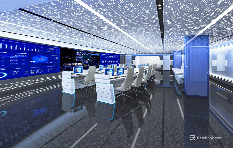Modern Control Room Interior With Multiple Monitoring Screens And Control Consoles 3d model 