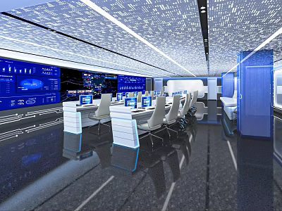 Modern Control Room Interior With Multiple Monitoring Screens And Control Consoles 3d model