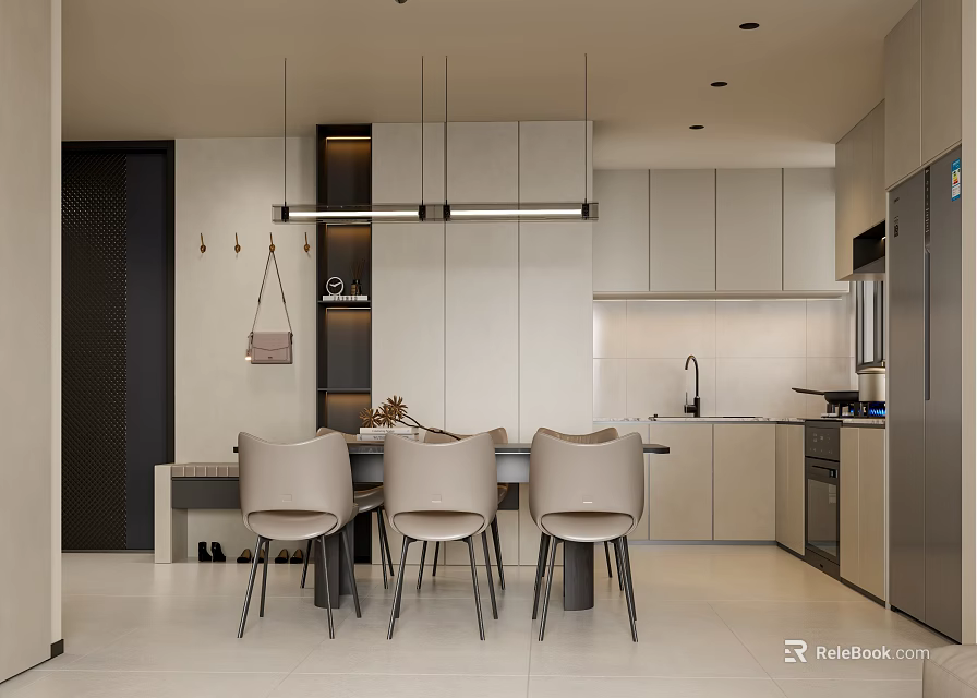 Modern Kitchen Interior With Stylish Cabinets Dining Table Chairs And Pendant Lights 3d model 