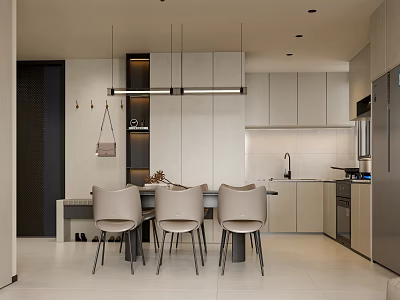 Modern Kitchen Interior With Stylish Cabinets Dining Table Chairs And Pendant Lights 3d model