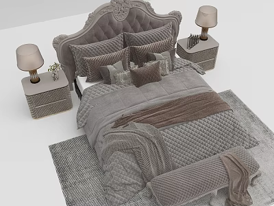 Luxurious Gray Double Bed With Tufted Headboard Pillows Brown Blanket Bedside Tables Lamps And Bench 3d model