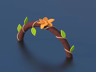 Decorative Brown Curved Branch With Wrapped Vines Green Leaves And Orange Flower 3d model