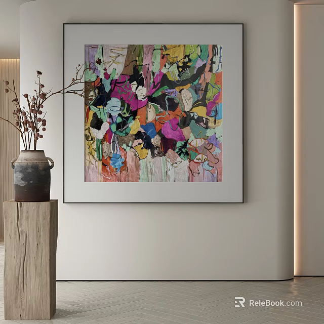 Colorful Abstract Painting Wall Hanging In Modern Interior With Wooden Stand And Vase 3d model 