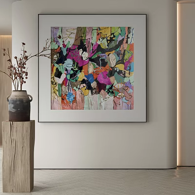 Colorful Abstract Painting Wall Hanging In Modern Interior With Wooden Stand And Vase 3d model