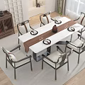 Chinese Style Wooden Dining Table Set With Six Chairs Table Runner Plates And Wine Glasses