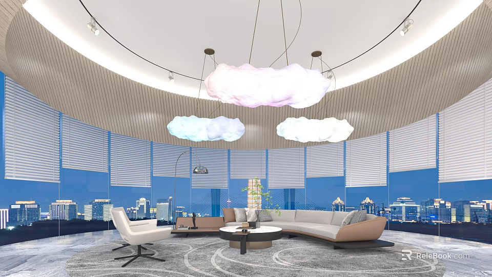 Modern Leisure Area Interior With Cloud Shaped Pendant Lights L Shaped Sofa And City View 3d model 