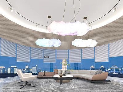 Modern Leisure Area Interior With Cloud Shaped Pendant Lights L Shaped Sofa And City View 3d model