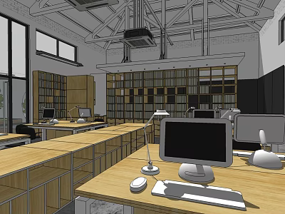 Public Office Space Interior With Wooden Desks Computers Lamps Bookshelves And Windows 3d model