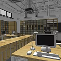 Public Office Space Interior With Wooden Desks Computers Lamps Bookshelves And Windows