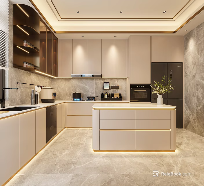 Elegant Modern Kitchen Interior With Marble Island Countertop Cabinets And Appliances 3d model 
