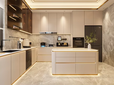 Elegant Modern Kitchen Interior With Marble Island Countertop Cabinets And Appliances 3d model
