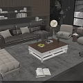 Modern Living Room Sofa and Coffee Table Set with Wooden Top Pillows Armchairs and Plants